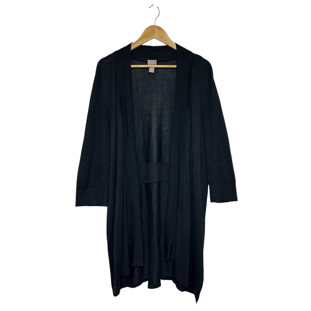 Chico's Black 3/4 Sleeves Lightweight Open Front Cardigan Versatile Wear 3/XL/16